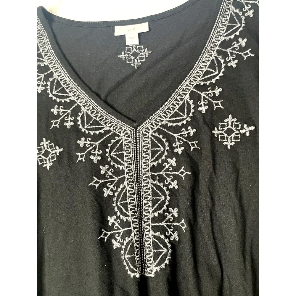 J. Jill Womens L Black Gray Embroidered Tunic Top 3/4 Sleeve Boho